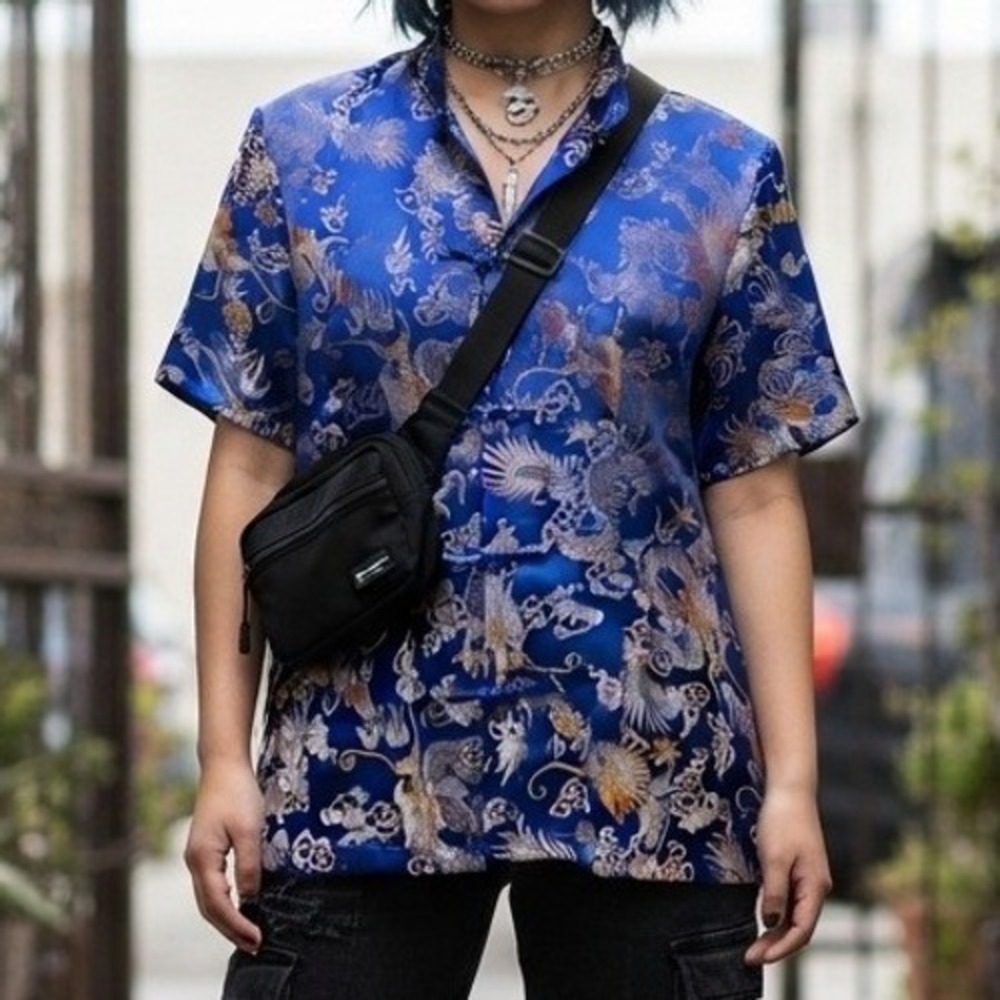 asian streetwear qipao Oriental China Dragon Brocade top Blue Gold XL frog satin